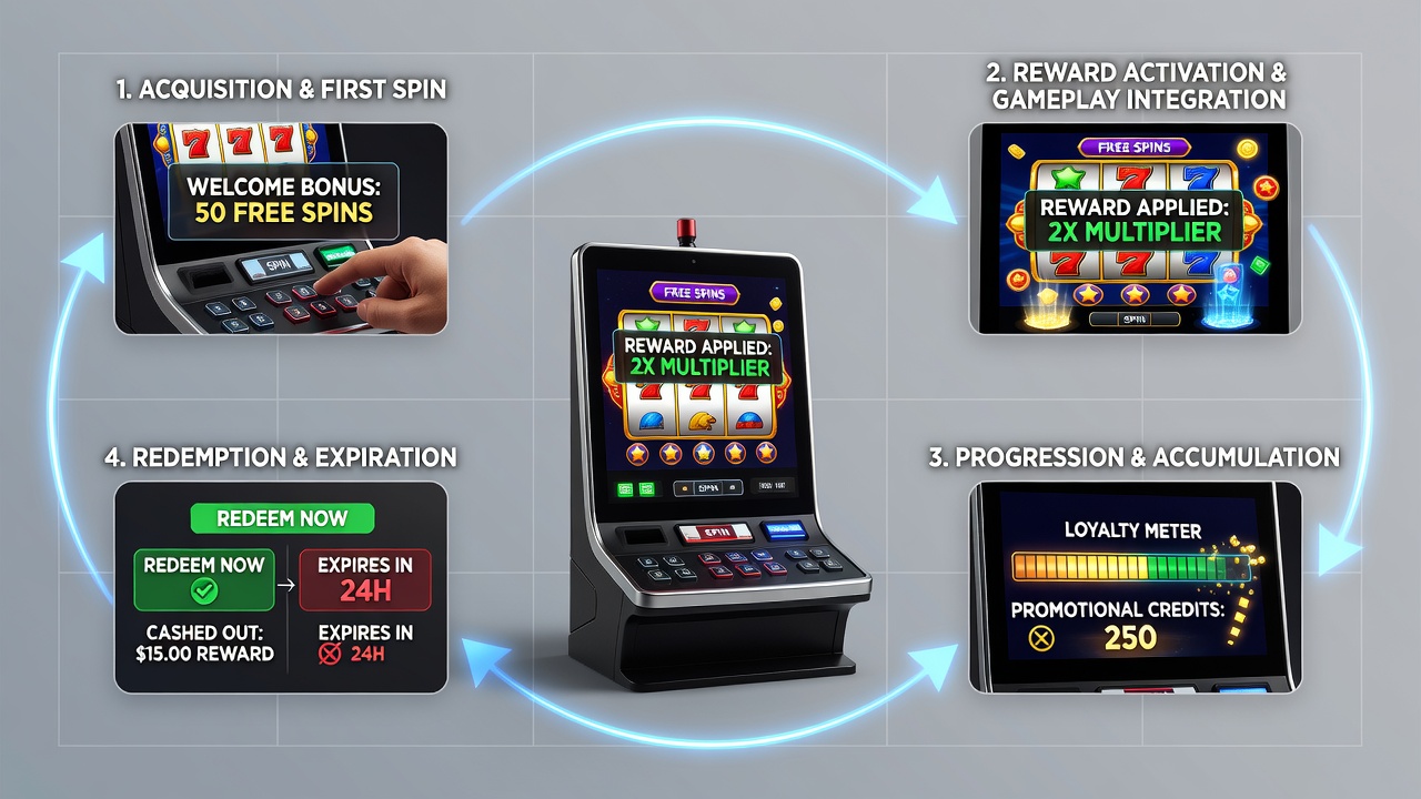 Lifecycle diagram showing progression of mobile slot bonuses from activation through conversion and expiration