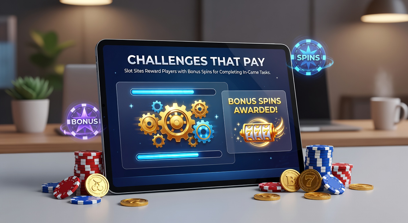 Player dashboard on a slot site showing active challenges, progress meters nearing completion, and bonus spin icons ready to claim
