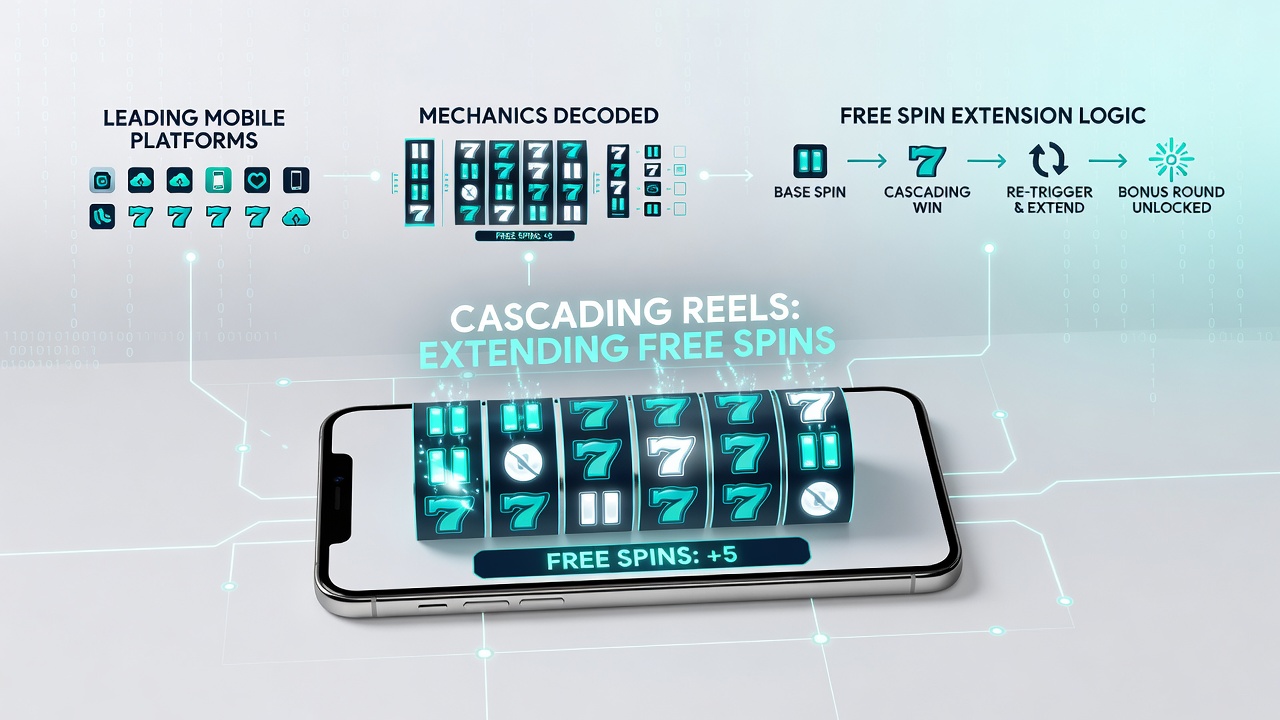 Close-up view of extended free spin counter increasing after multiple cascading wins on a tablet device