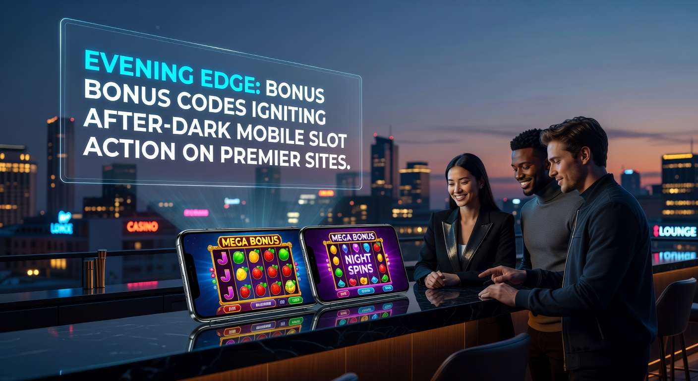 Dynamic nighttime mobile slot session with evening bonus code popping up, surrounded by jackpot symbols on a top-tier platform