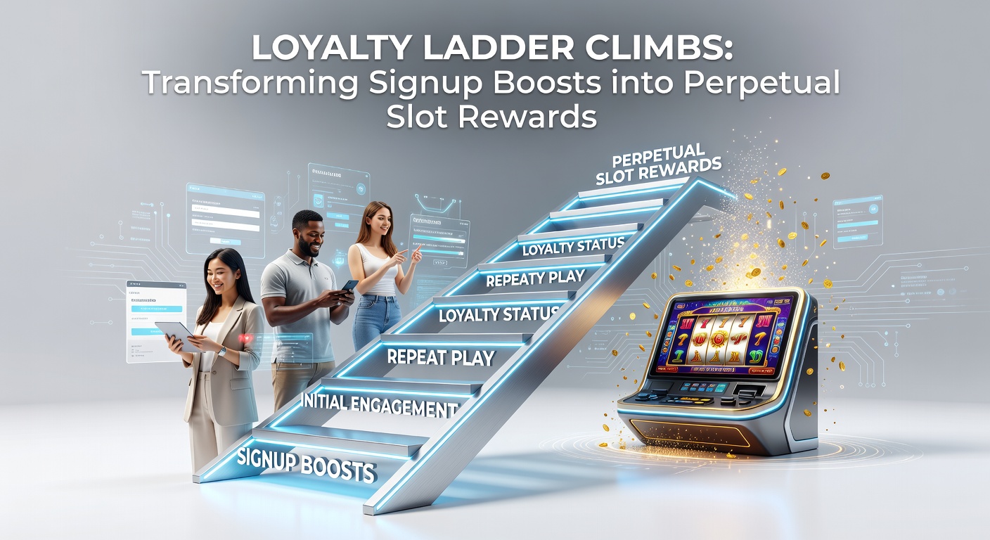A detailed infographic of a loyalty ladder with tiers marked by slot icons, rewards exploding at each level, and a player figure climbing toward VIP status