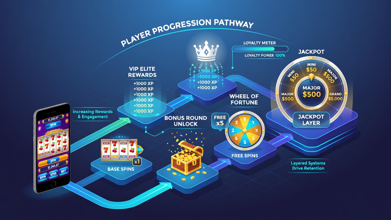 Screenshot of mobile slot app interface displaying player progression levels and layered bonus rewards