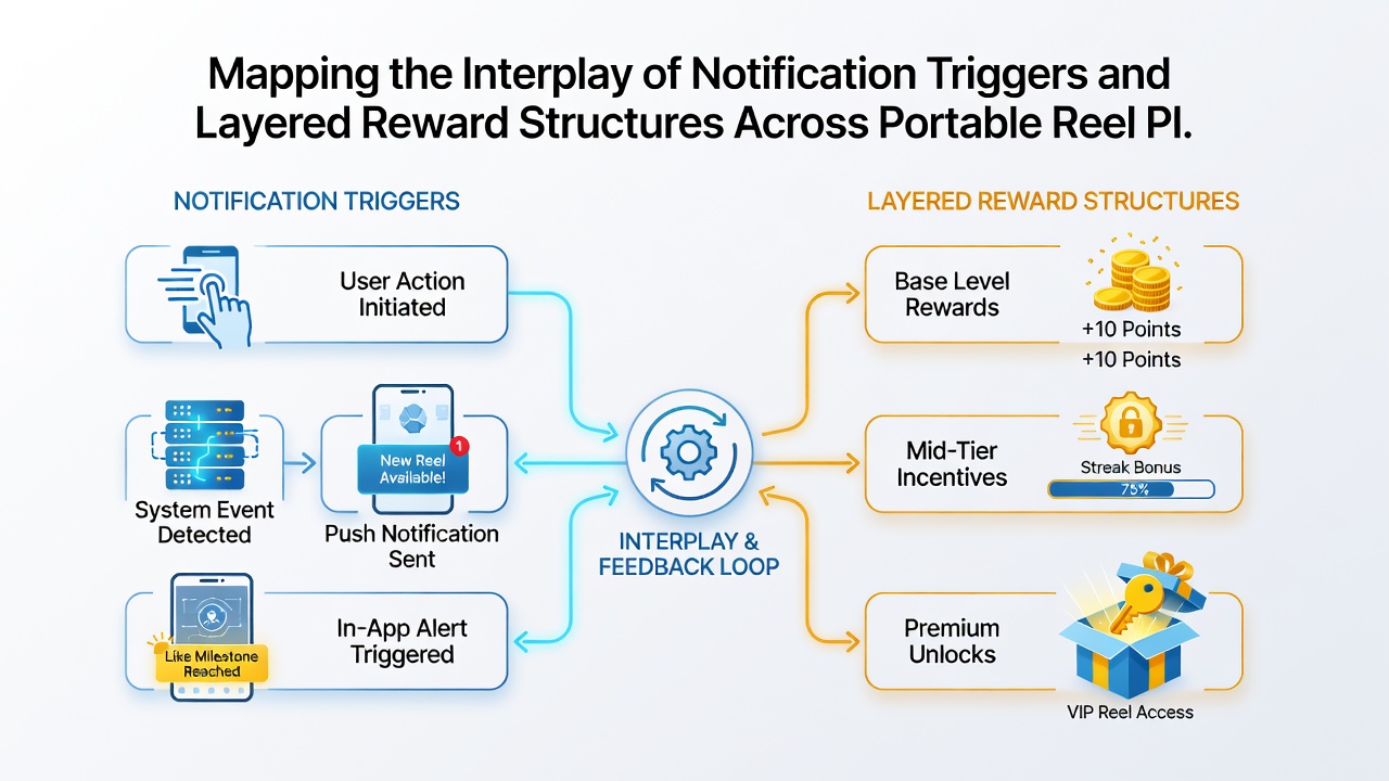 Analysis dashboard mapping notification triggers to layered rewards on portable reel platforms
