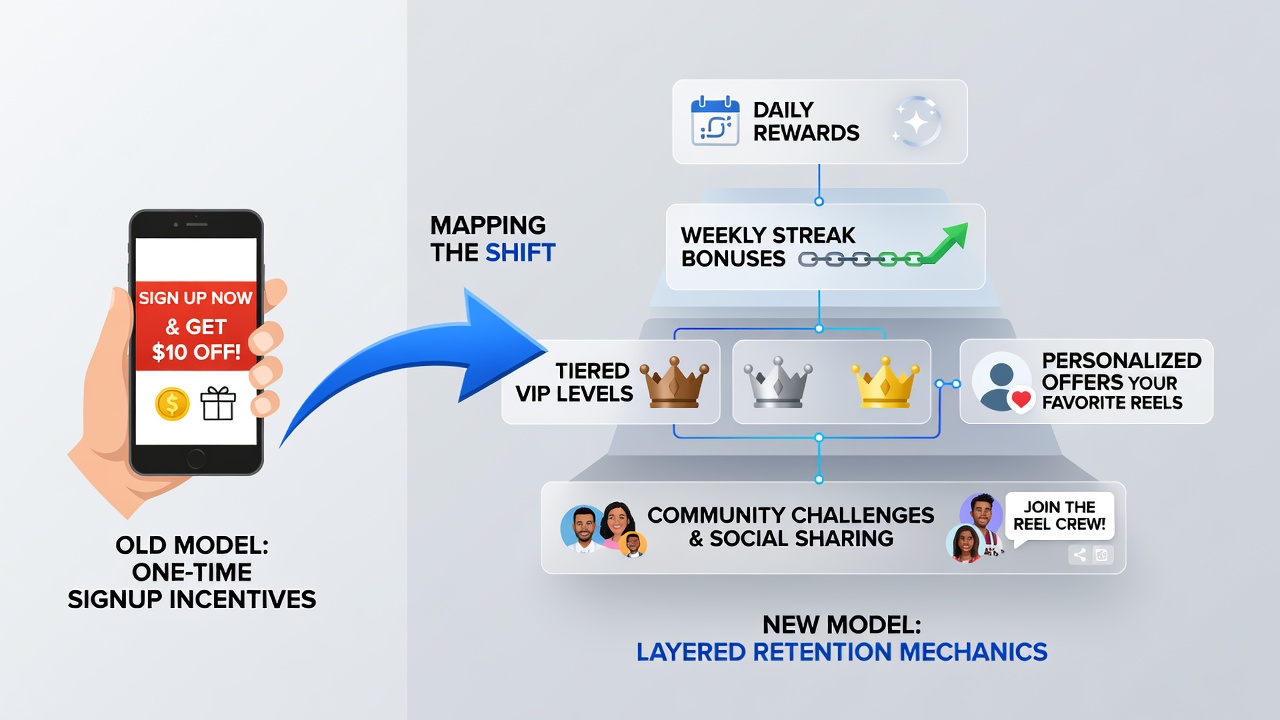 Illustration of retention mechanics including loyalty tiers, streak rewards, and personalized challenges within mobile slot applications