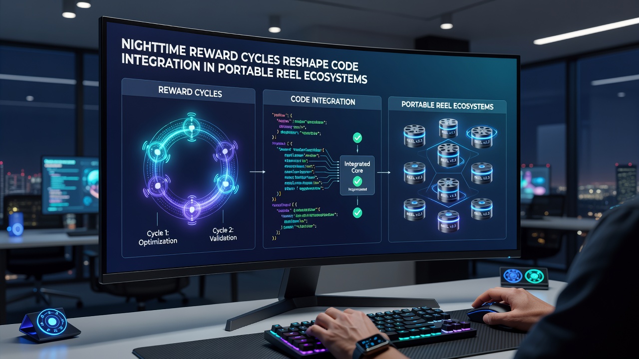 Code integration diagrams overlaid on mobile reel interfaces during evening hours