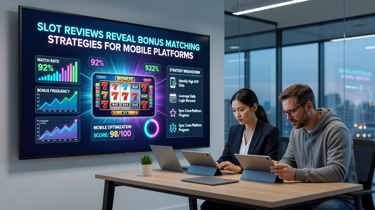 Analytics dashboard showing bonus matching performance metrics on a tablet device used for mobile slot reviews