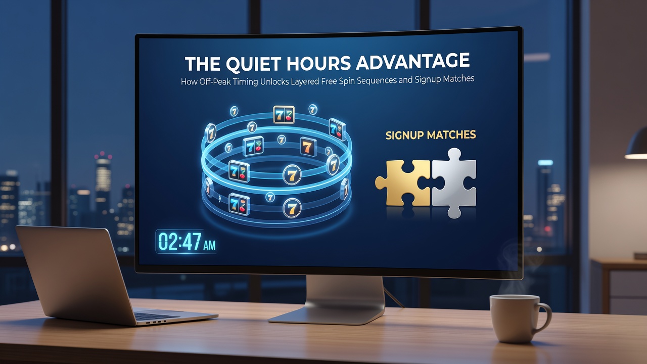 Illustration of cascading bonus layers and signup matches appearing on mobile reel screens during quiet hours