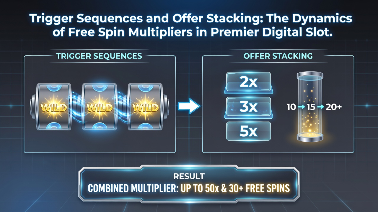 Close-up view of slot reels showing stacked free spin multipliers and bonus offer indicators during active sequence